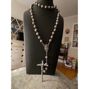 Madonna And Sacred Heart Rosary Italy Silvertone